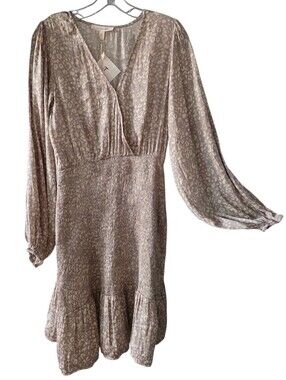 grade & gather Smoky Taupe Leopard-Print V-Neck Long-Sleeve Dress Size Medium